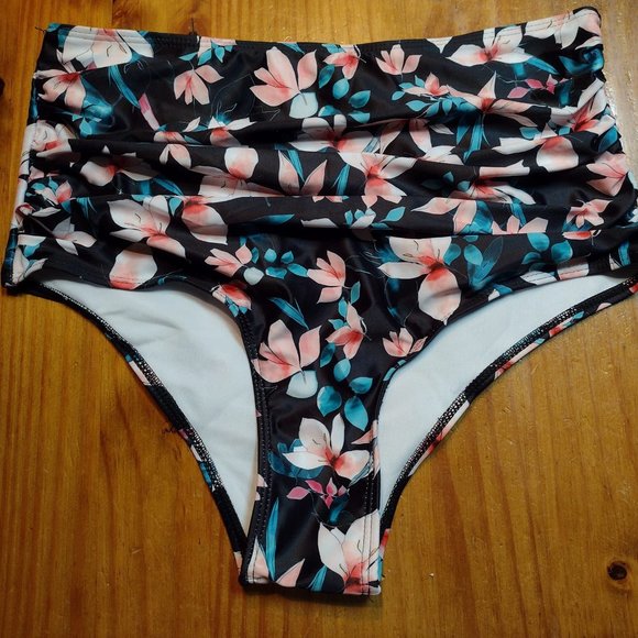 LG BIKINI Bottom Black Flowers WOMEN'S BATHING SUIT LADIES SWIMWEAR BEACH POOL - Picture 1 of 3